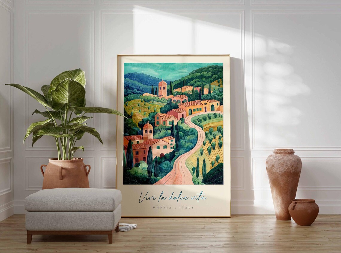 Umbria Italy Folk Art Hilltop Village Church Winding Road Poster - Image 3
