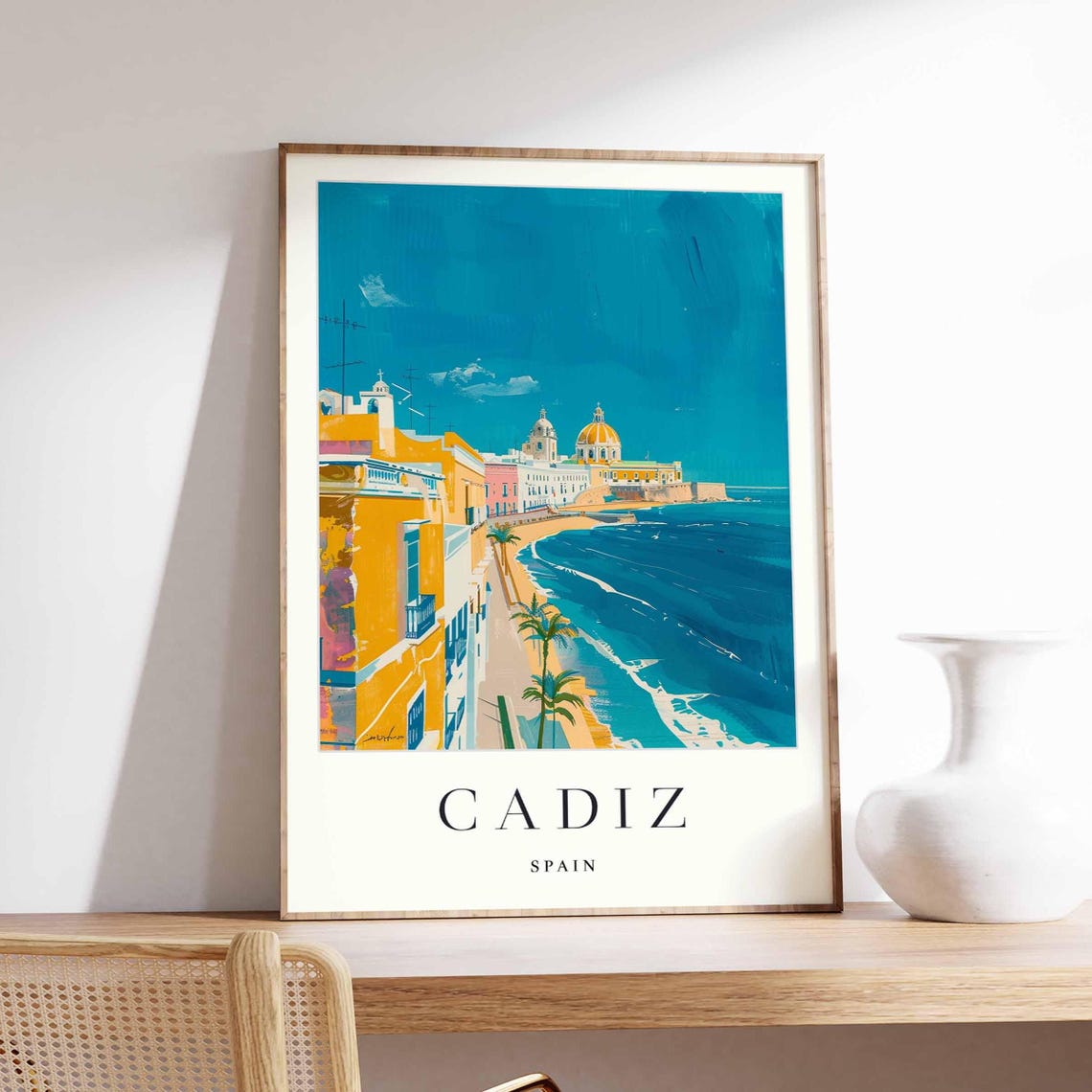 Cadiz Spain Beach Cathedral Dome Palm Trees Seaside Art Poster