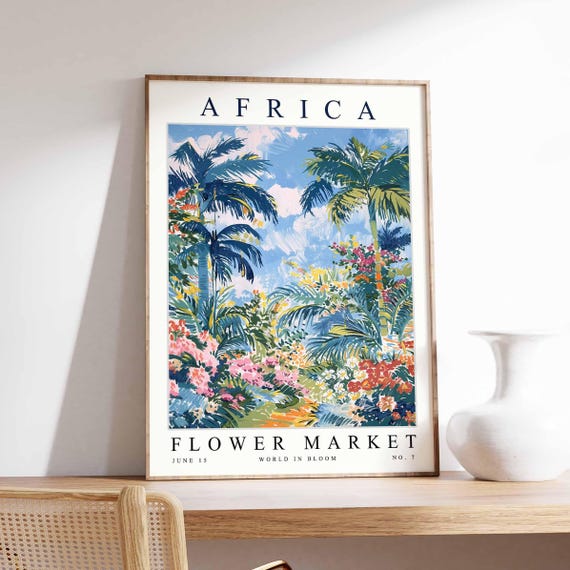 Africa Flower Market Poster Print African Street Scene Wall Art Colourful Botanical Decor Travel