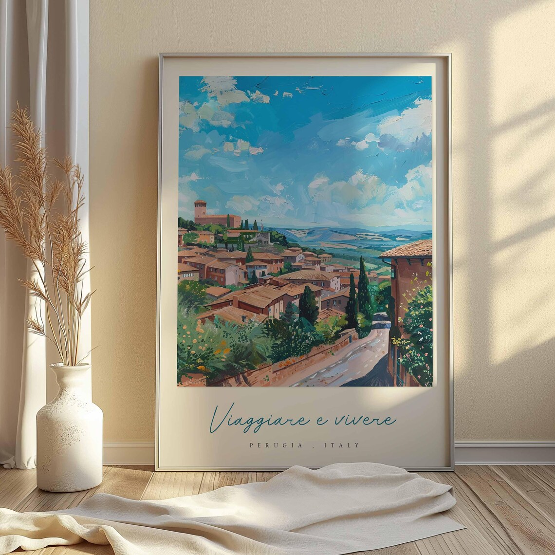 Perugia Italy Sunny Country Road Hillside Town View Travel Poster - Image 2
