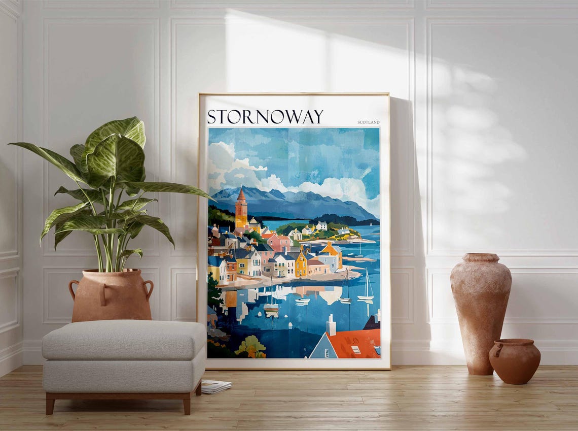 Stornoway Tower Mountains Sailboats Bright Scottish Harbor Art Poster - Image 2