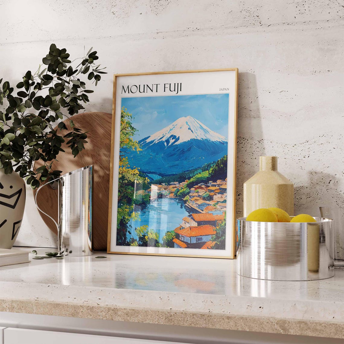 Mount Fuji Japan Lakeside Village with Red Tile Roofs Travel Poster - Image 2