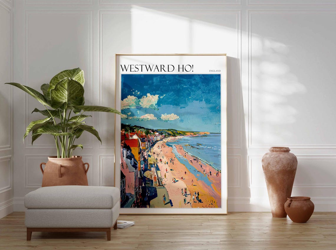 Westward Ho Bustling Beach Seafront Houses Sunny Day Art Poster - Image 2