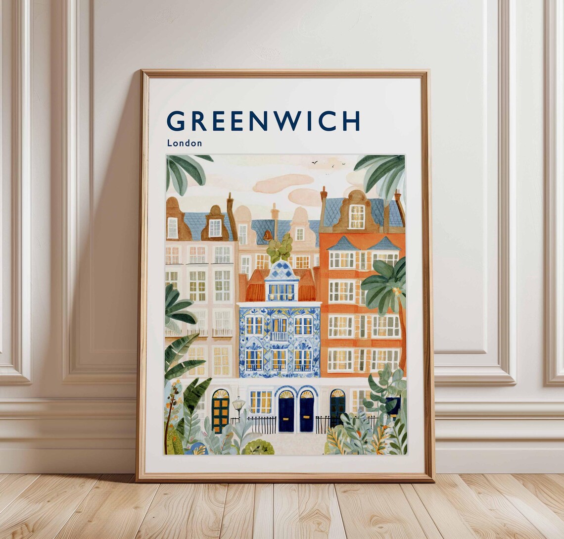 Greenwich London Tropical Townhouses Palm Leaves Illustration Poster