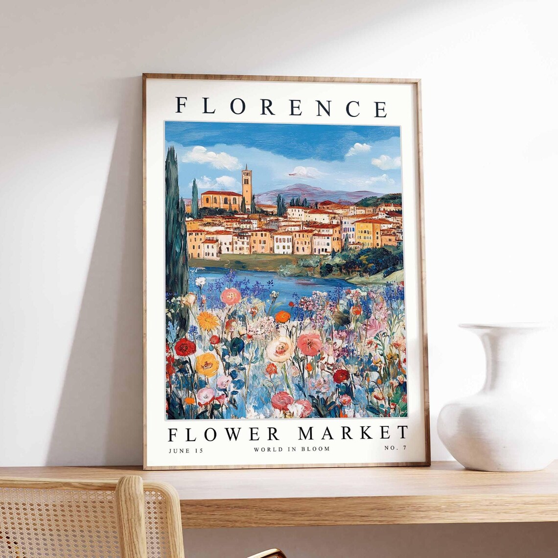 Florence Flower Market Tuscan Hillside Town Bell Tower Bloom Poster