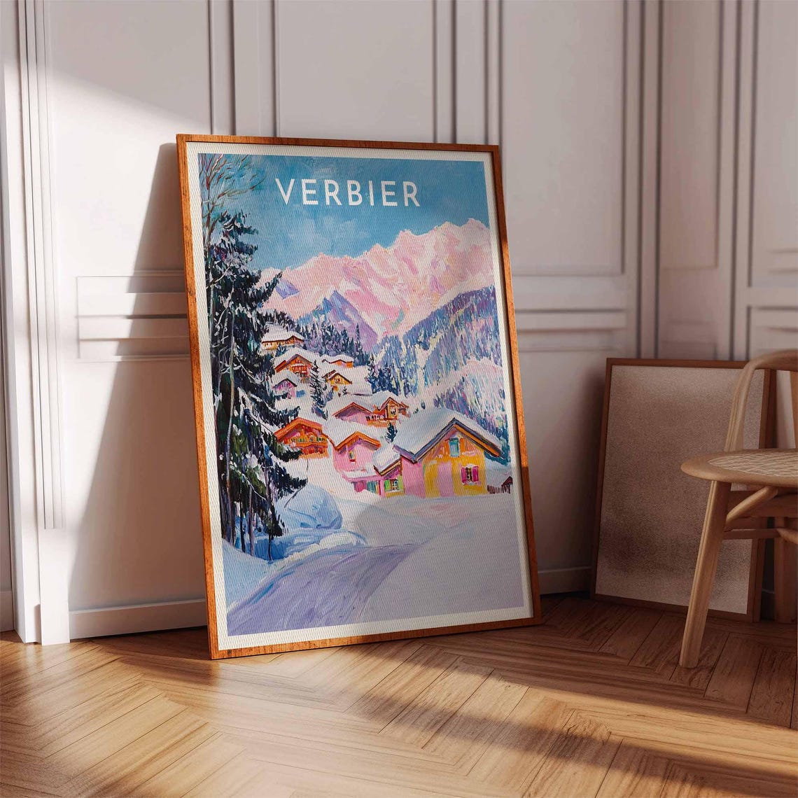 Verbier Switzerland Colorful Chalets Pink Peaks Winter Travel Poster - Image 3