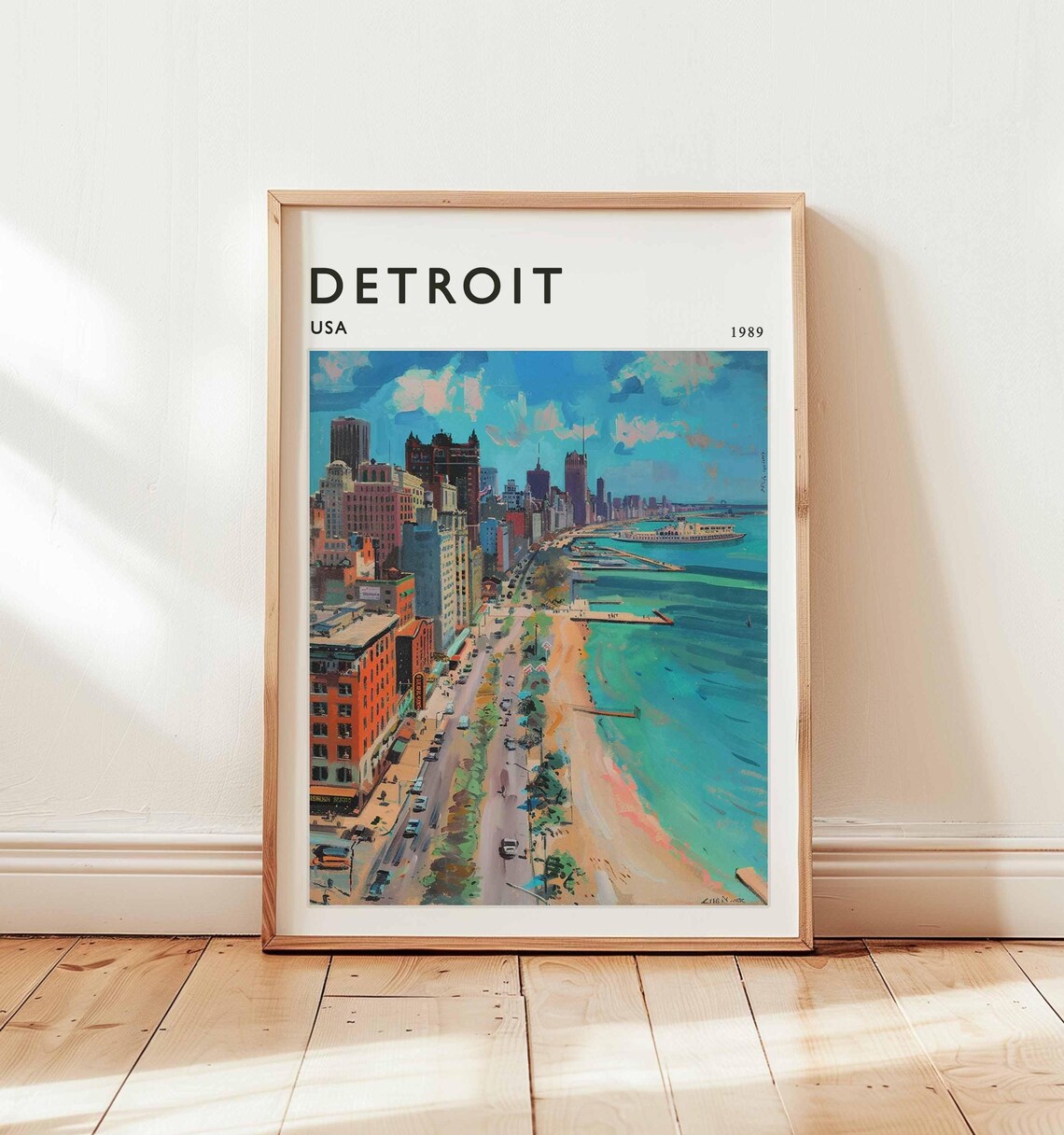 Detroit USA 1989 Waterfront Avenue Beach Skyline Travel Poster