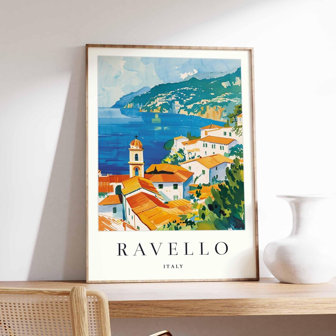 Ravello Italy Aerial Coastal Town Church Tower Orange Rooftops Poster