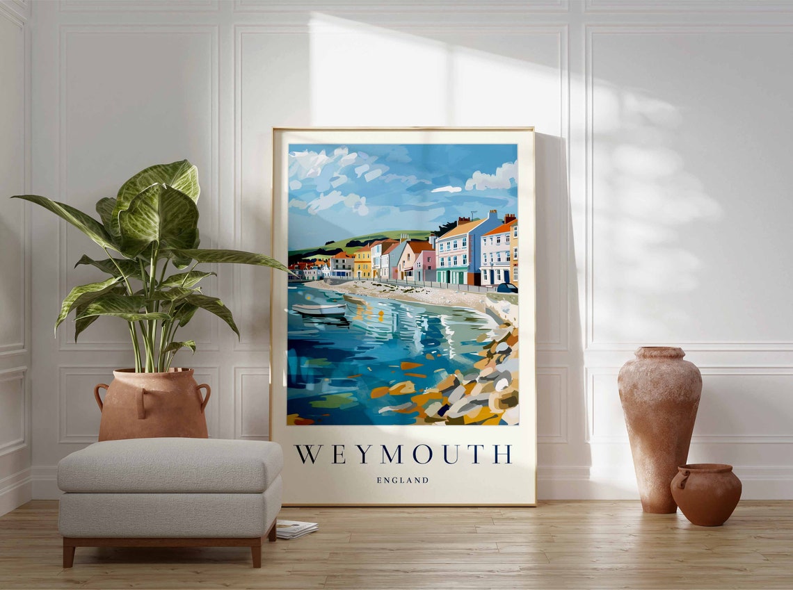 Weymouth England Travel Poster Harbor Shore Pastel Cottages Boat Art - Image 3