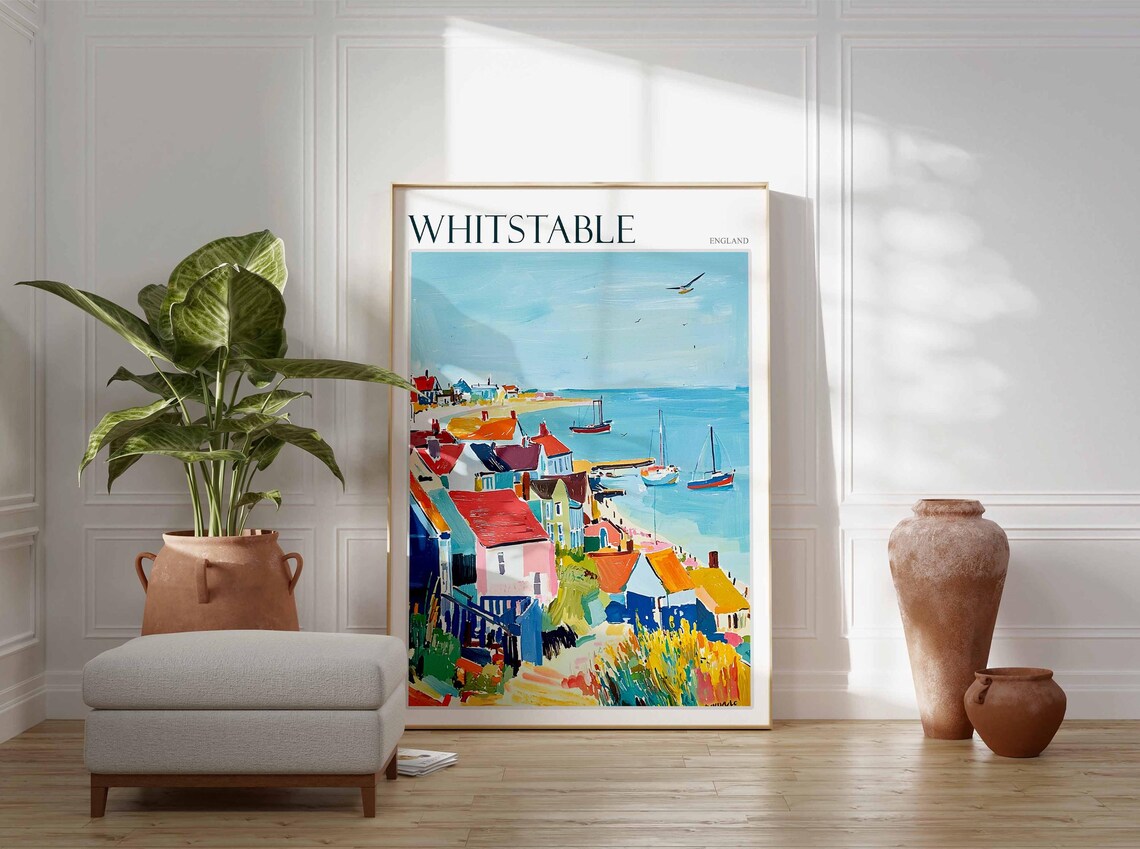 Whitstable England Harbour Sailboats Red Roof Cottages Poster - Image 2