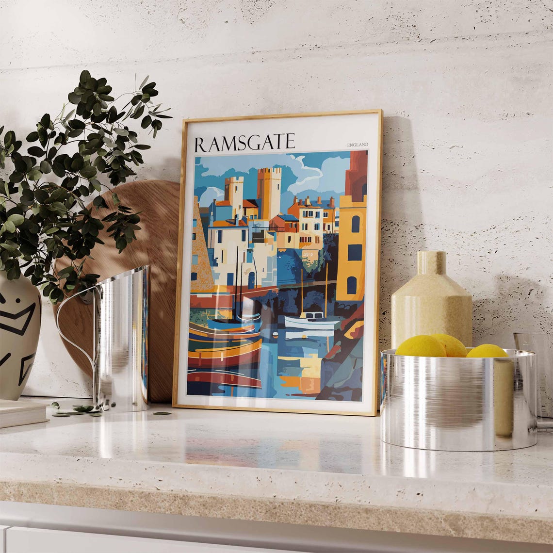 Ramsgate England Graphic Harbor Boats Golden Tower Artwork Poster - Image 3