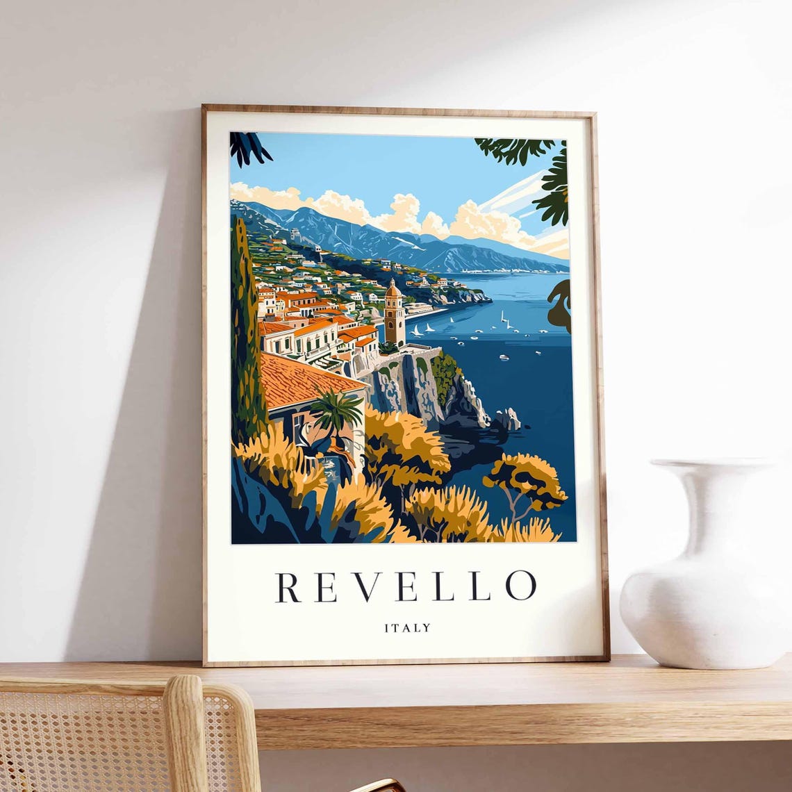 Revello Italy Cliffside Town Sea Sailboats Golden Foliage Poster