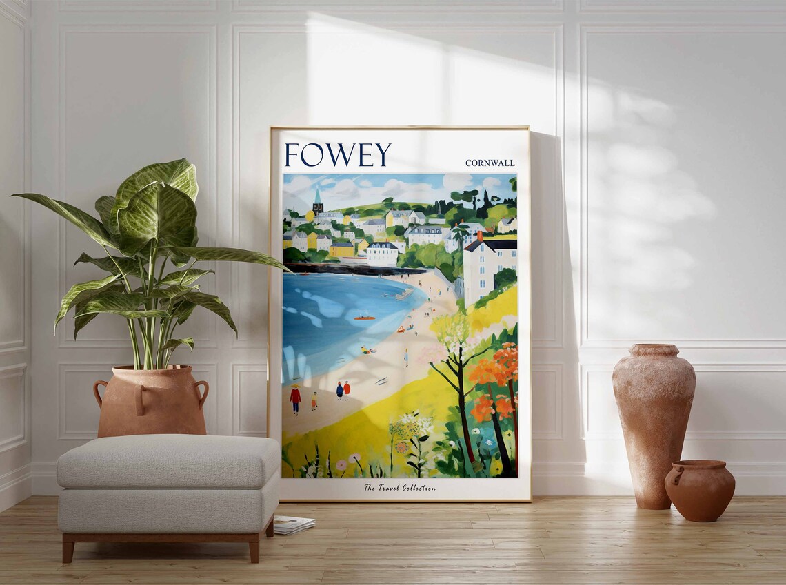 Fowey Cornwall Curved Beach Town Scene Vintage Travel Poster - Image 3