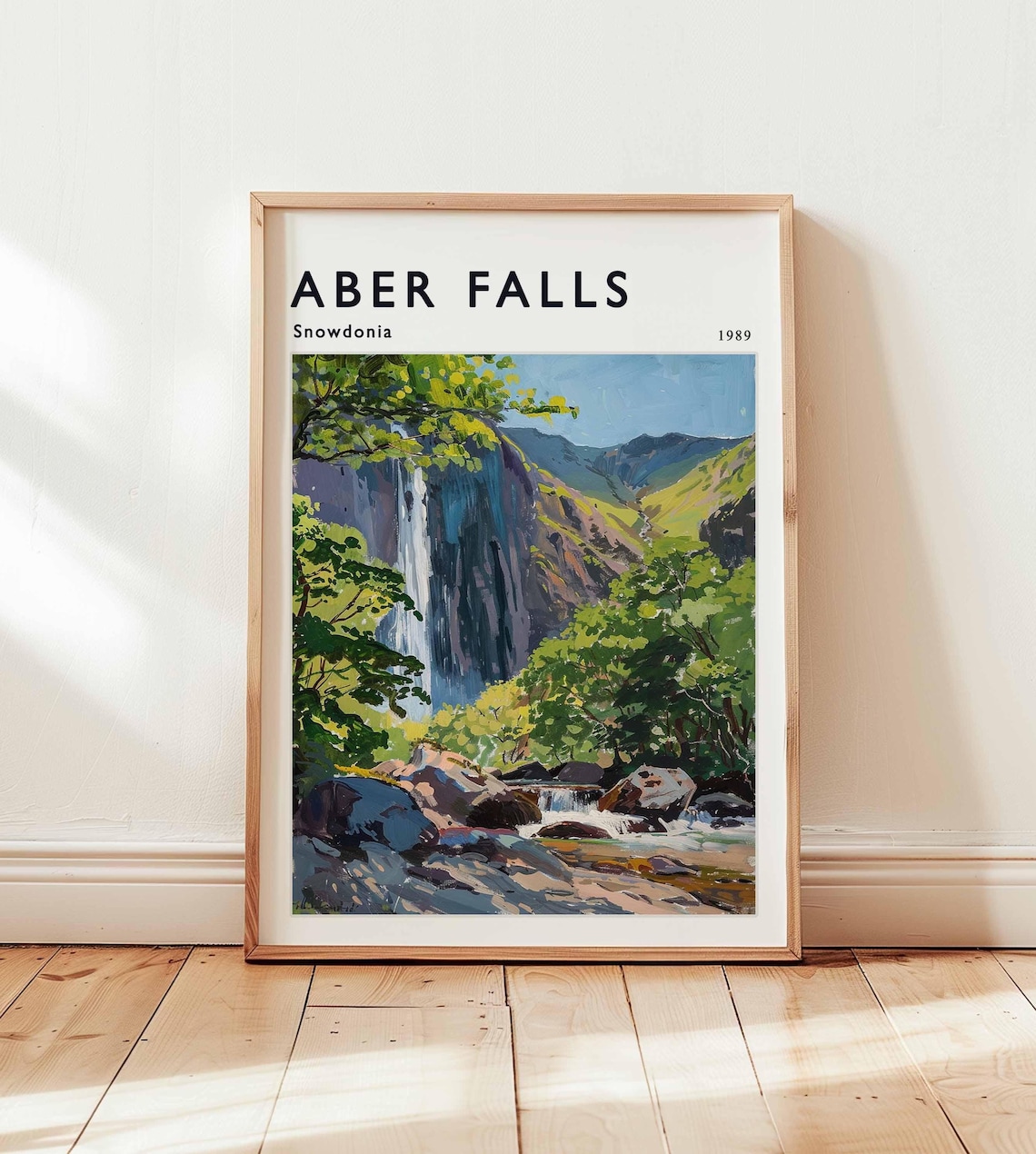 Aber Falls Snowdonia Wales Waterfall Painting 1989 Vintage Style Poster