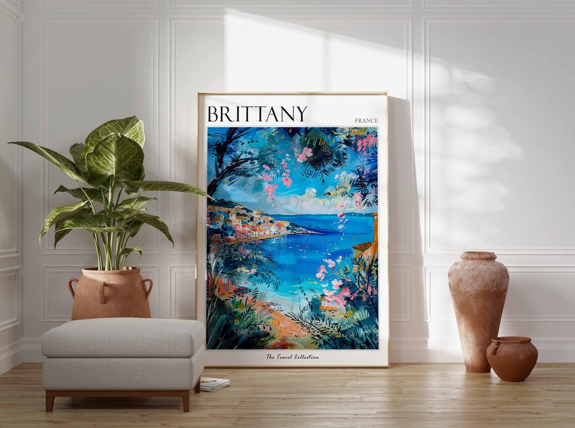 Brittany France Coastal Village Sea View Flowering Trees Poster - Image 3