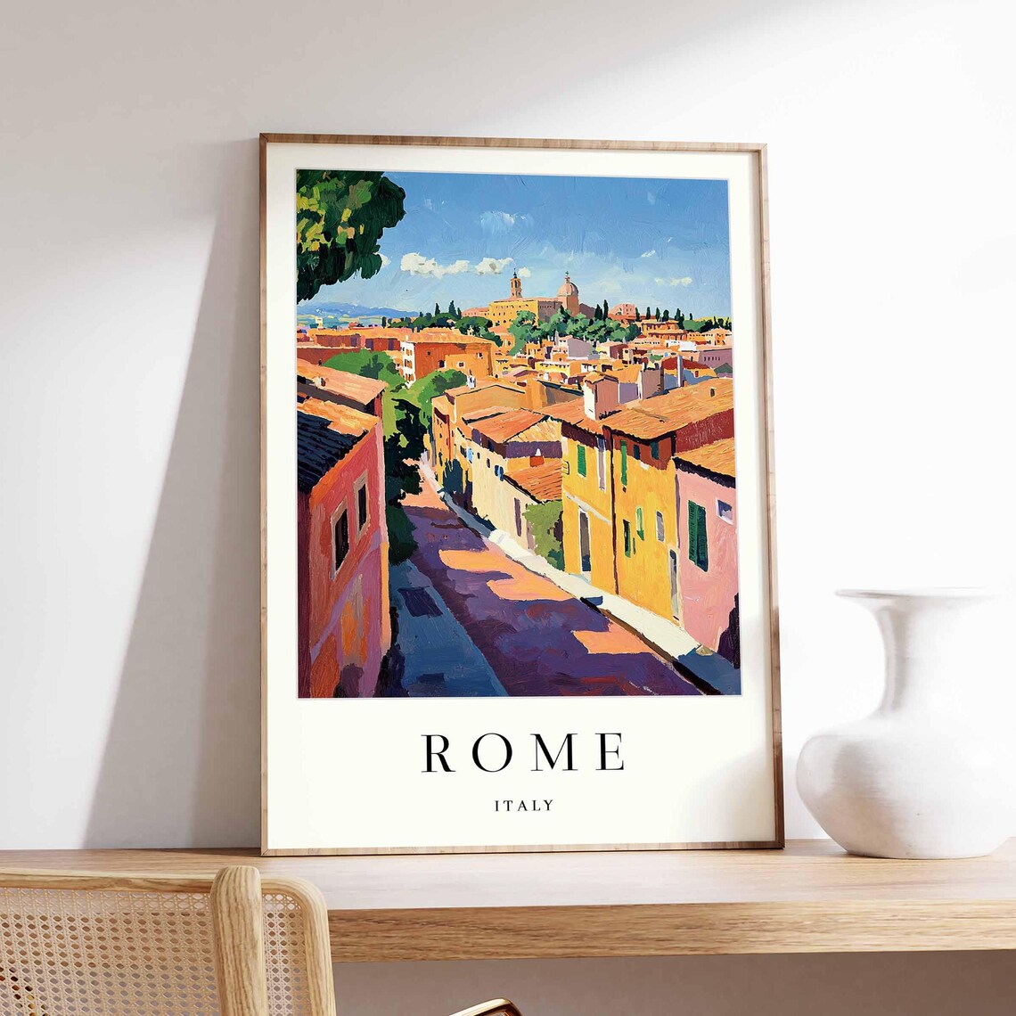 Rome Italy Atmospheric Violet Shadowed Lane To Dome Topped Skyline Travel Poster