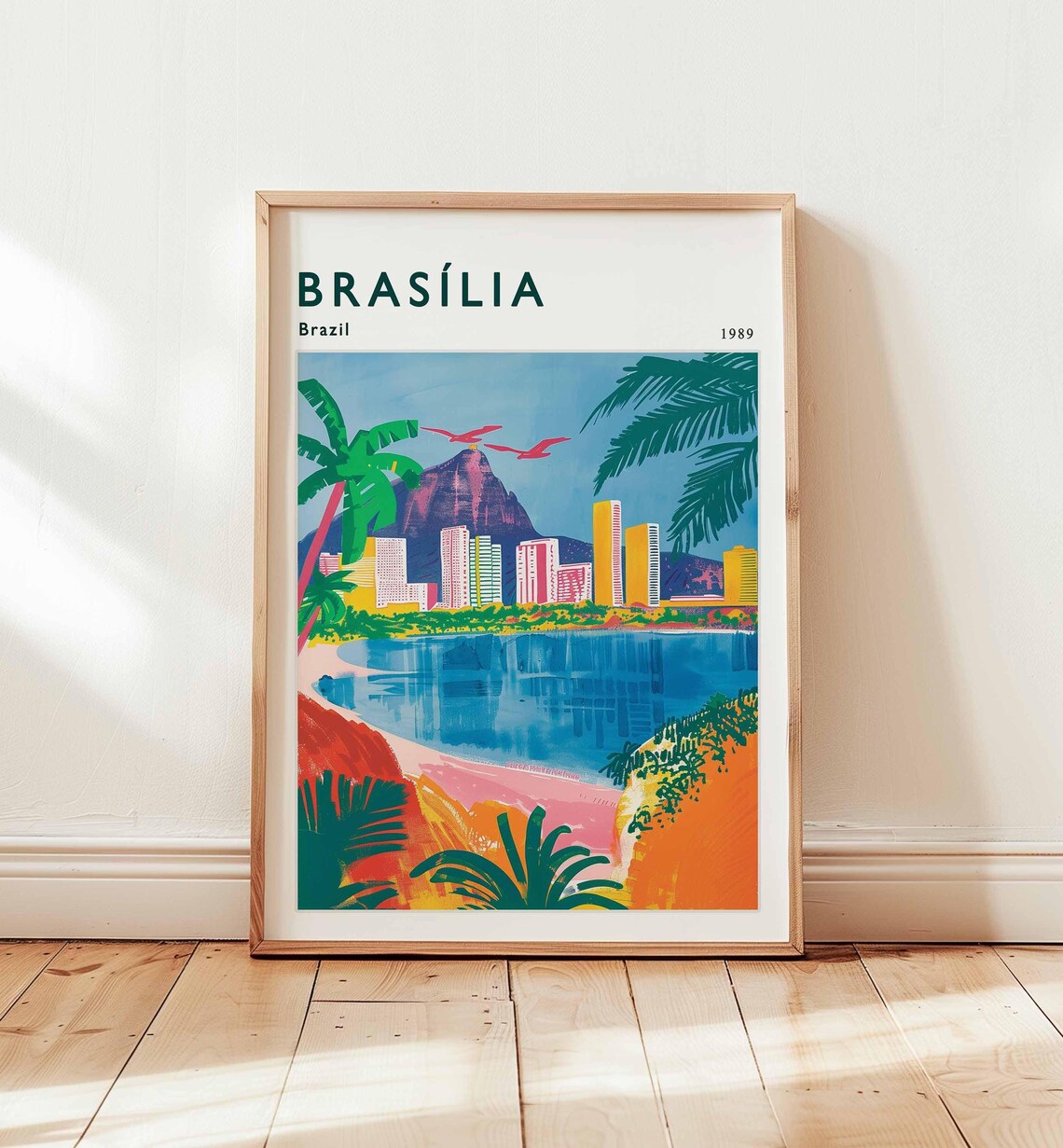 Brasilia Brazil 1989 Travel Poster with Palms and City Skyline