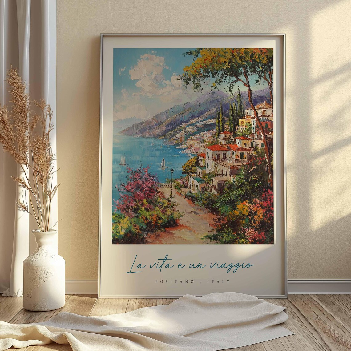 Positano Italy Flower Lined Path Hillside Town Bay View Travel Poster - Image 2