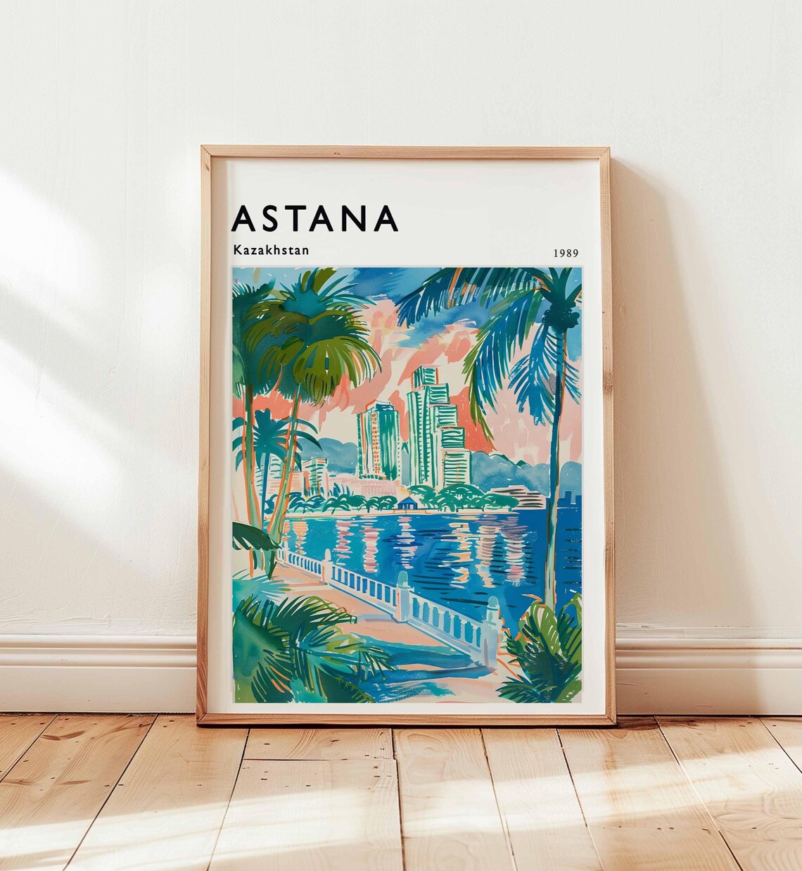 Tropical Waterfront City Palm Trees Sunset Skyline Travel Art Poster