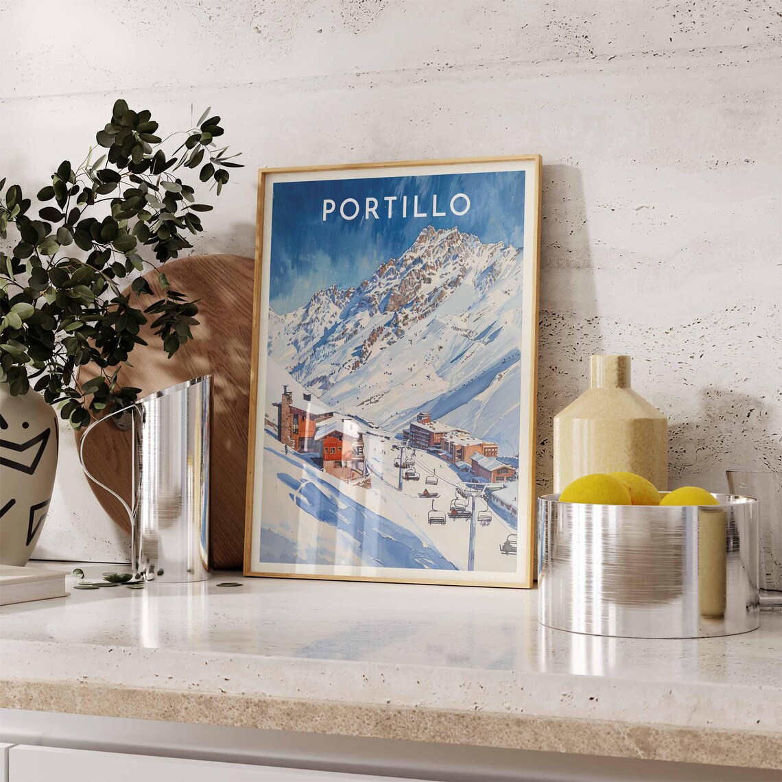 Portillo Chile Deep Blue Watercolor Chairlift Over Andes Poster - Image 2