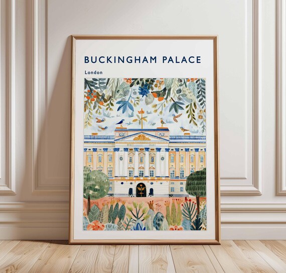 Buckingham Palace London Whimsical Watercolor Bird Travel Poster
