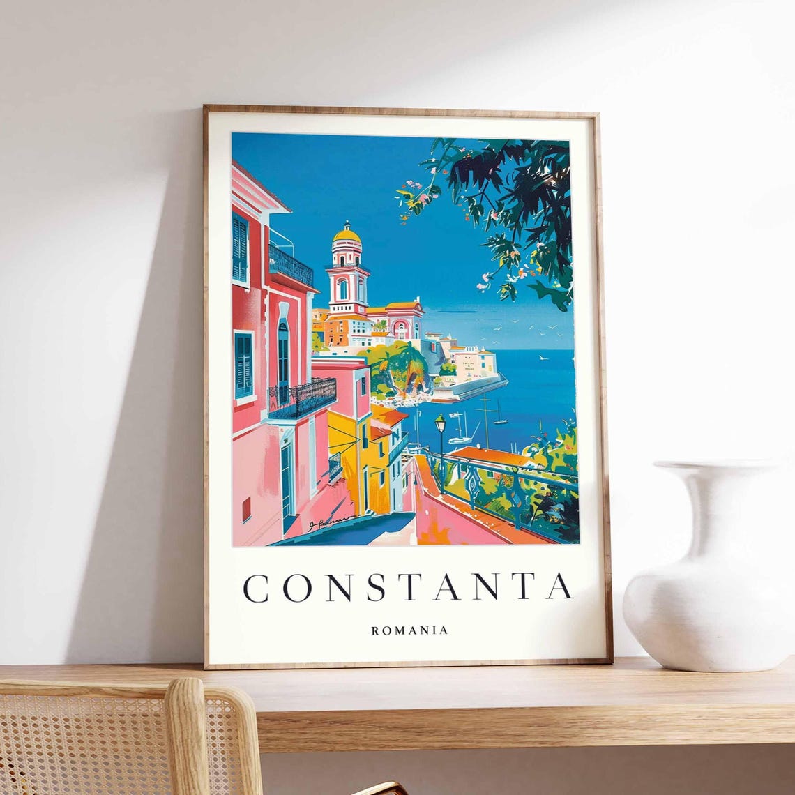 Constanta Romania Bright Coastal Town Harbor Vintage Travel Poster