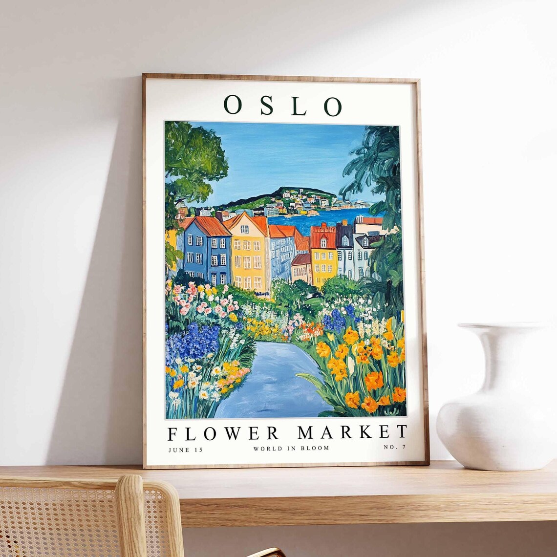 Oslo Flower Market Colorful Houses Marigold Path Floral Poster