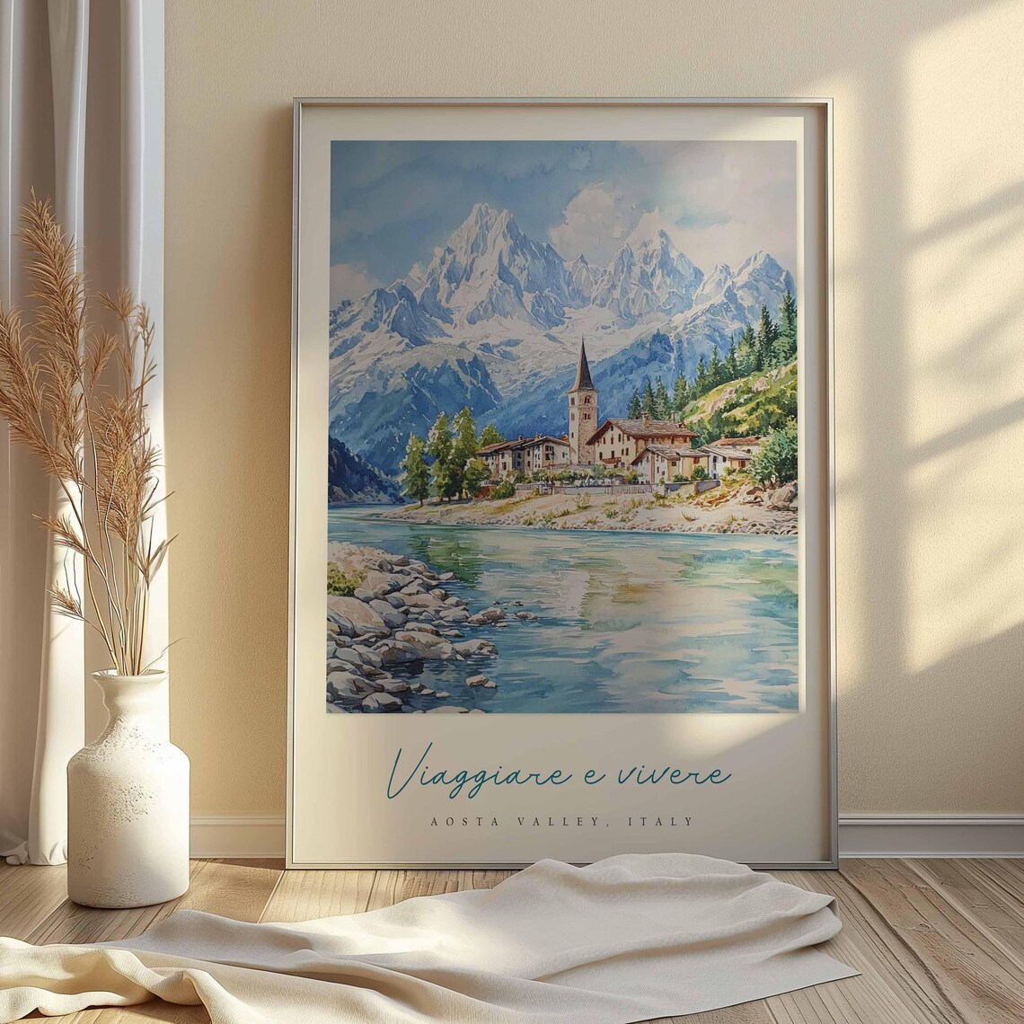Aosta Valley Snowy Alpine Peak Village Church River Scenic Poster - Image 2