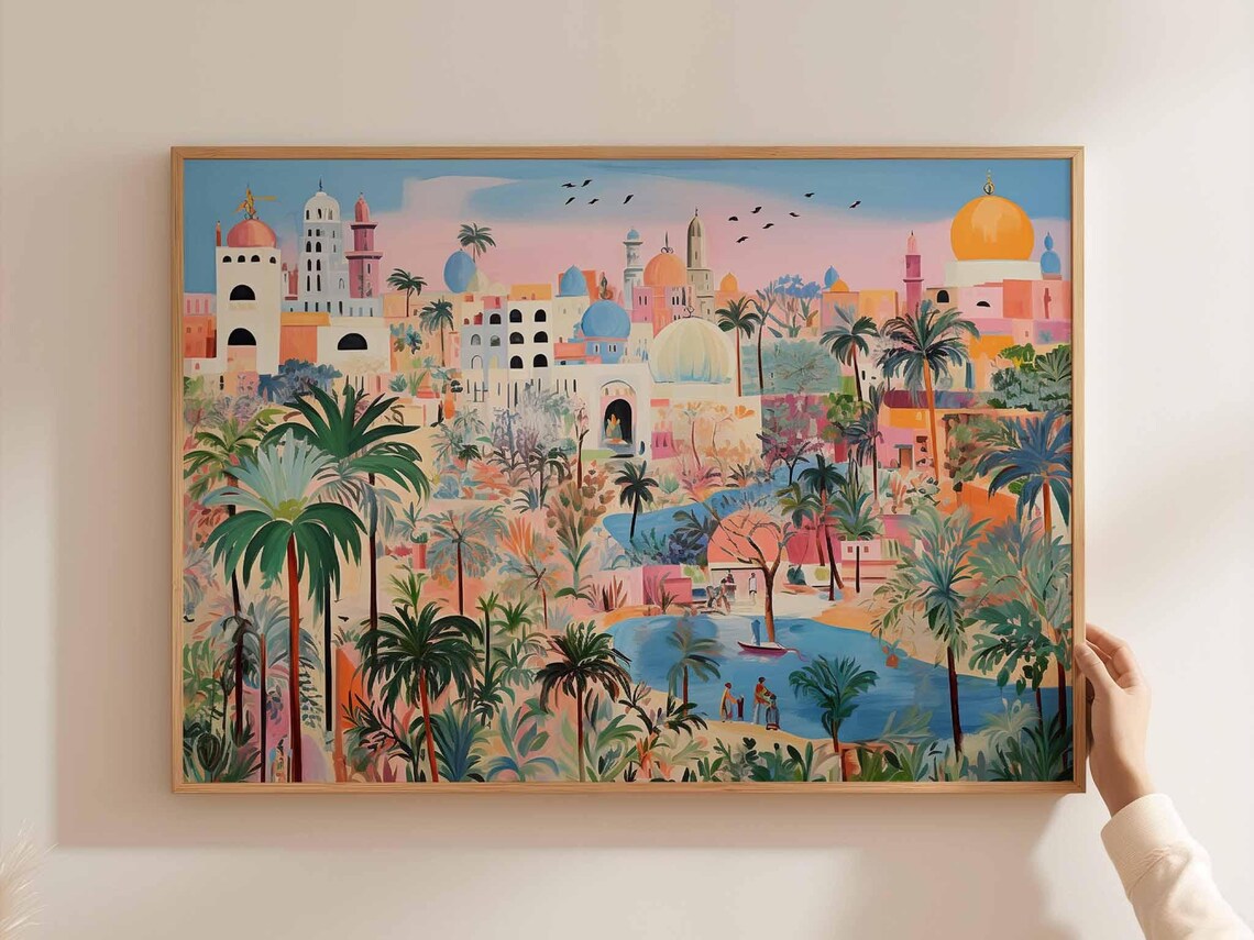 Baghdad Iraq Travel Poster of Colorful Oasis City with Golden Dome