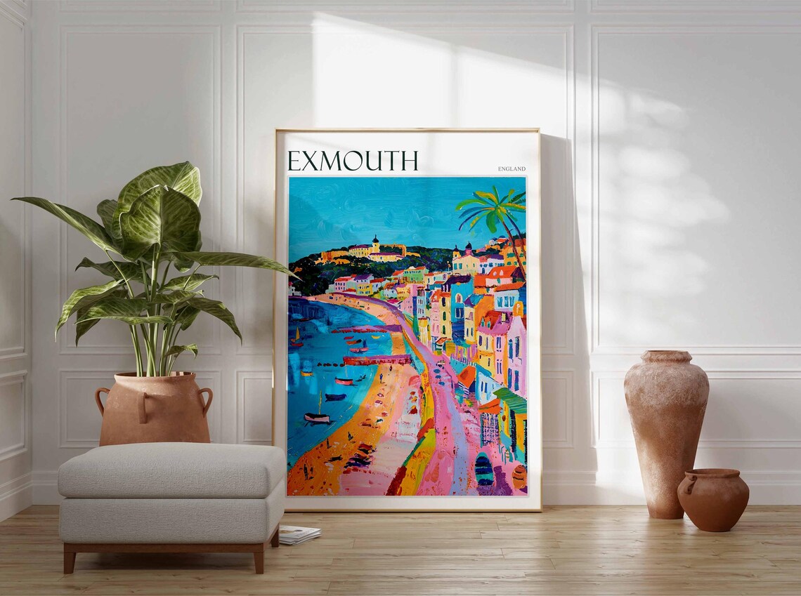 Exmouth England Colorful Seaside Town Beach Boats Painting Poster - Image 3