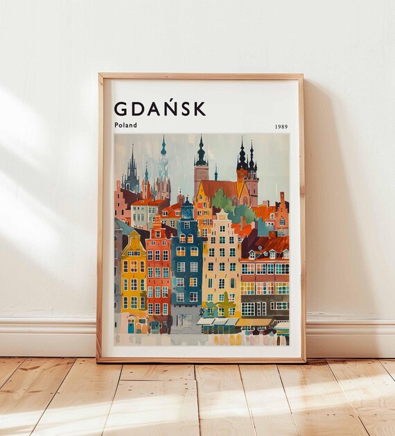 Gdansk Poland Old Town Colorful Townhouses Retro Travel Poster
