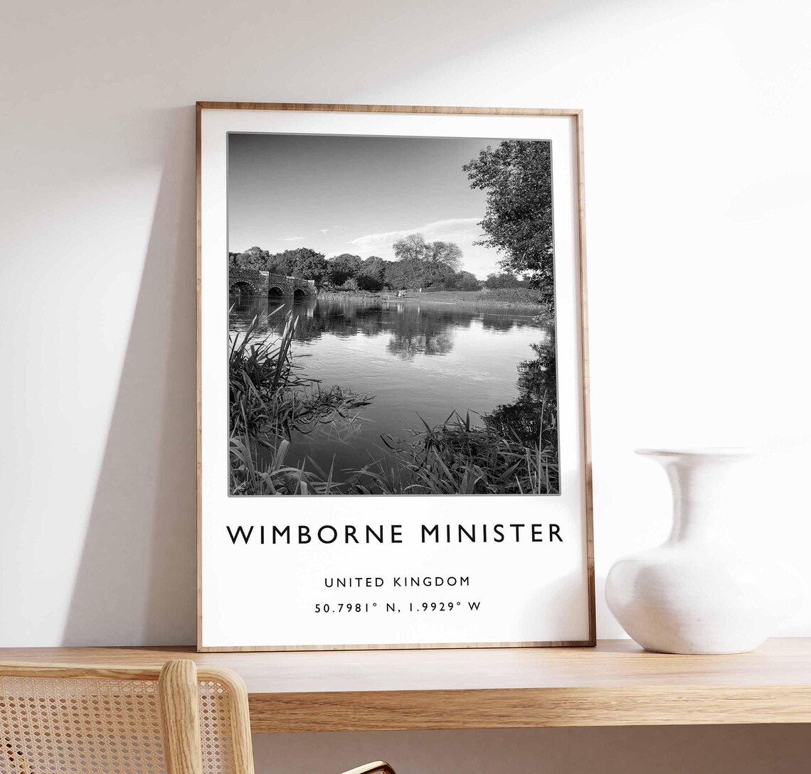 Wimborne Minster England River Bridge Monochrome Photo Poster