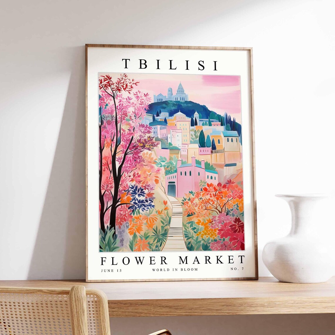 Tbilisi Flower Market Hilltop Cathedral Pink Blossom Art Poster