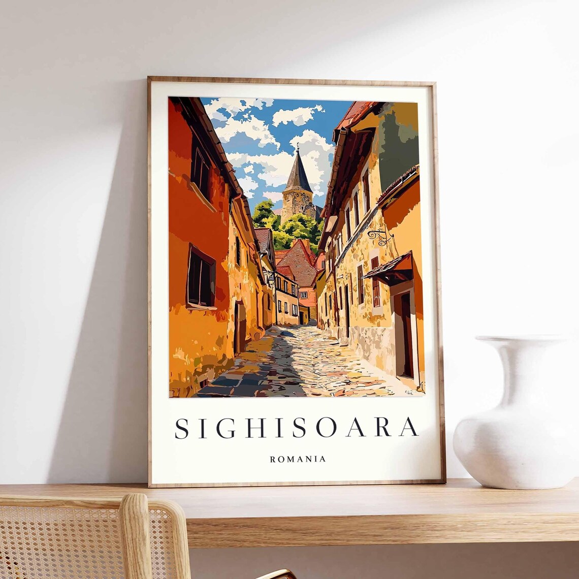 Sighisoara Romania Charming Old Town Street Church Spire View Poster