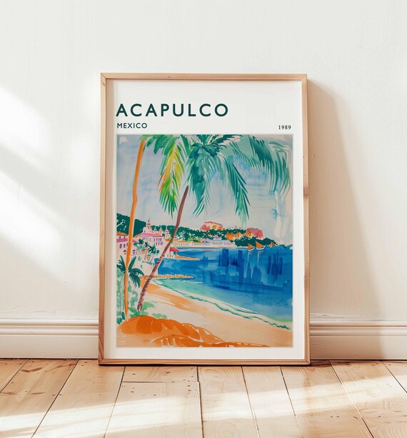 Palm Acapulco Mexico 1989 Watercolor Bay Sailboats Art Poster