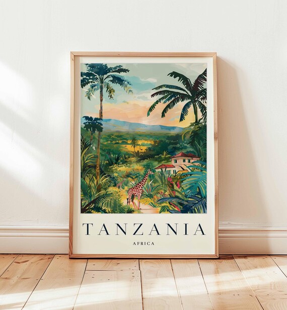 Tanzania Africa Giraffe in Lush Jungle Palm Trees Travel Poster