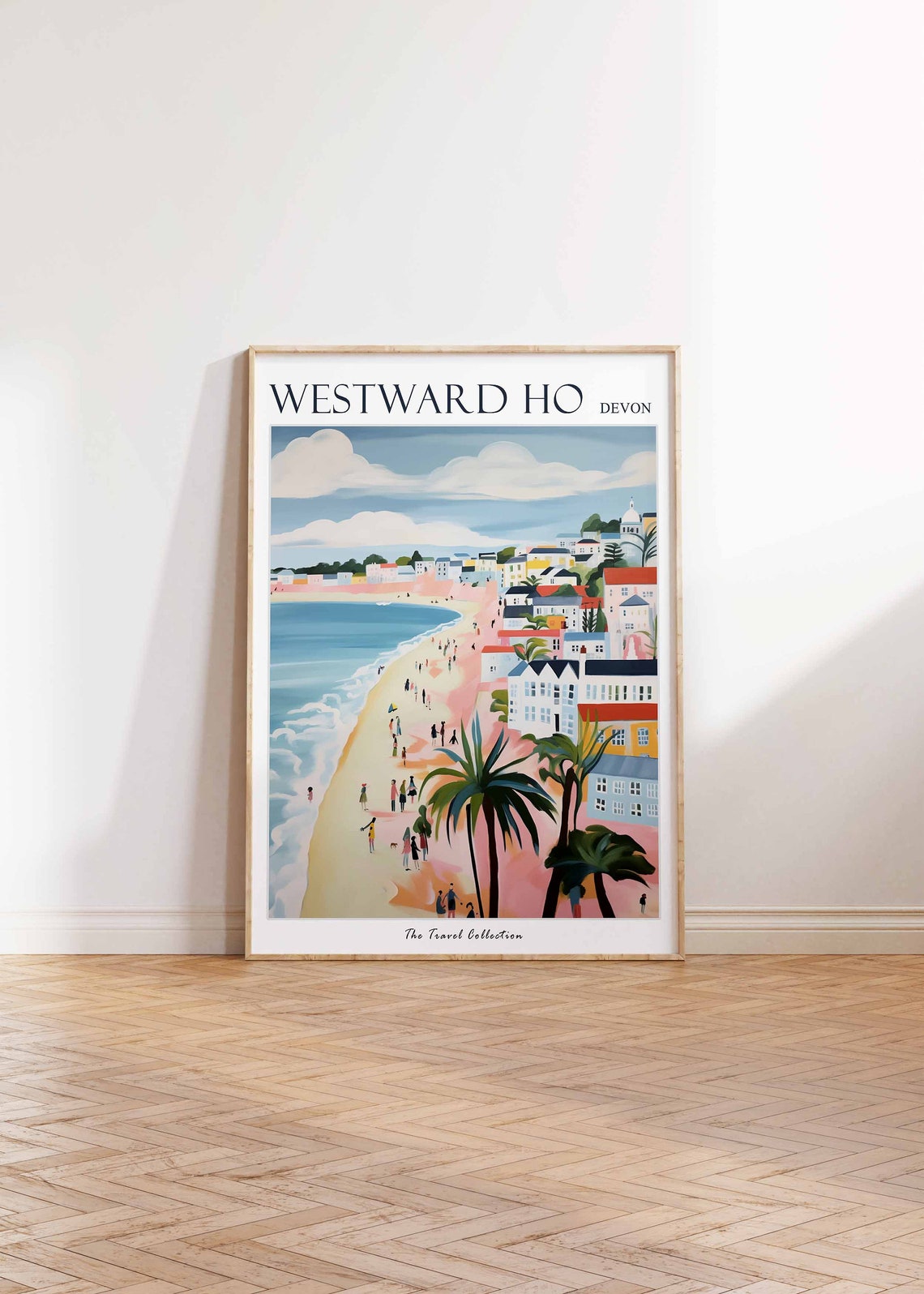 Westward Ho Devon Travel Poster Pastel Beach Town Palm Bathers Art - Image 2