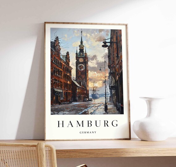 Hamburg Germany Rainy Street Clock Tower Harbor Travel Poster
