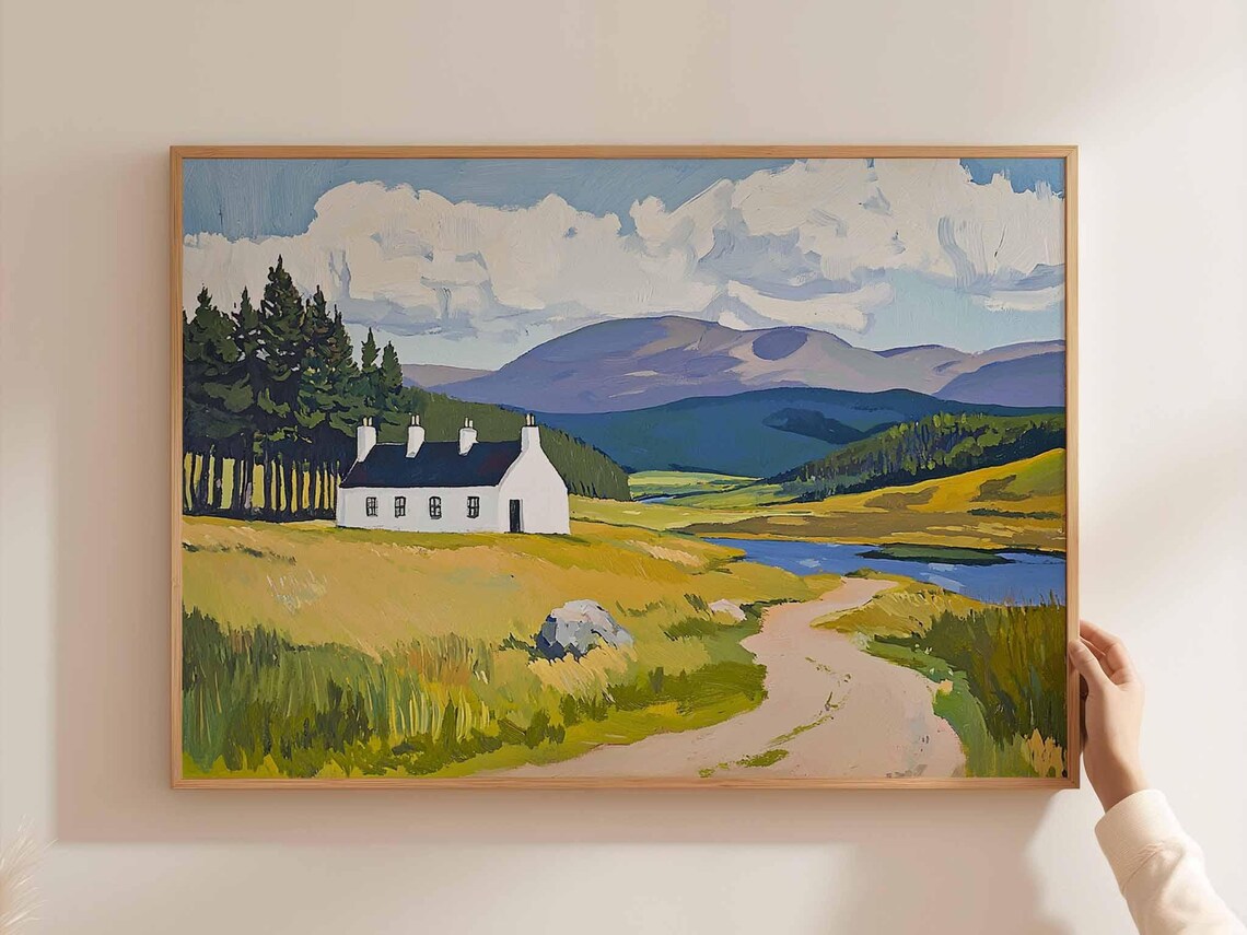 Cairngorms White Cottage River Hills Summer Landscape Painting Poster