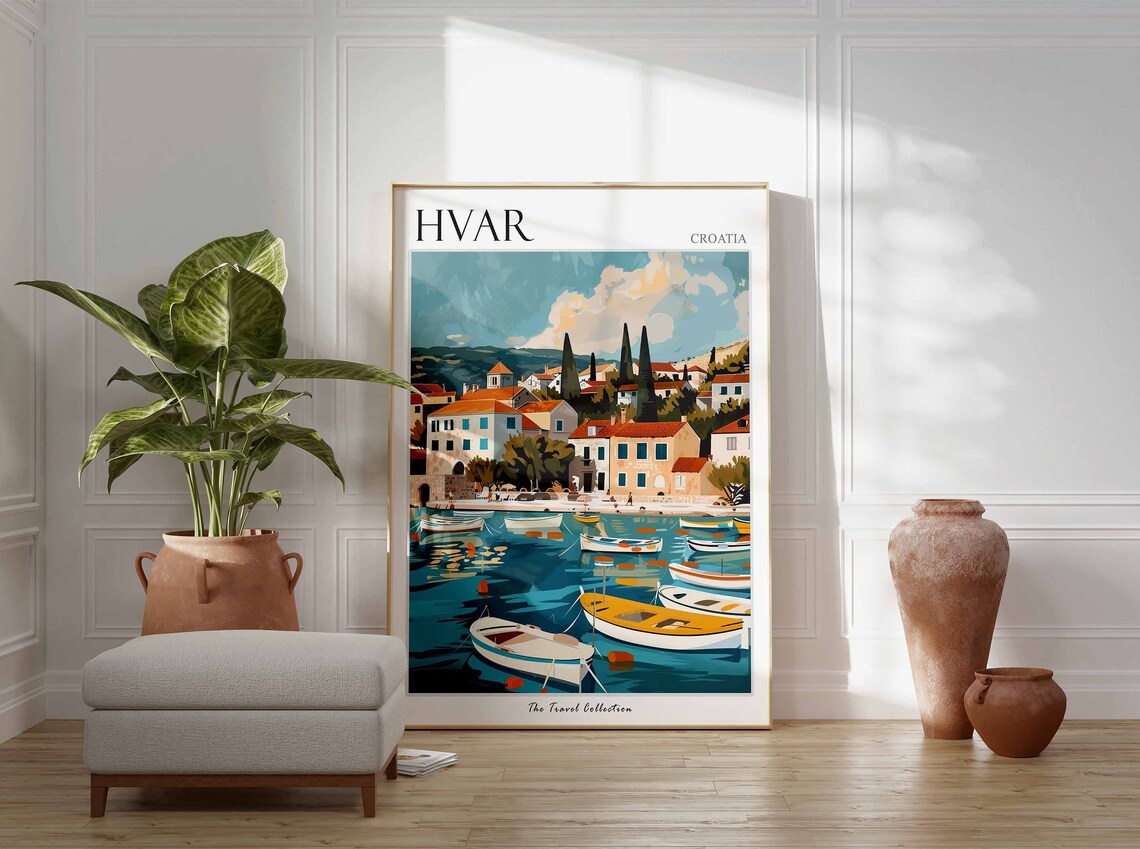 Hvar Croatia Painted Harbor Boats Old Stone Town Cypress Travel Poster - Image 3