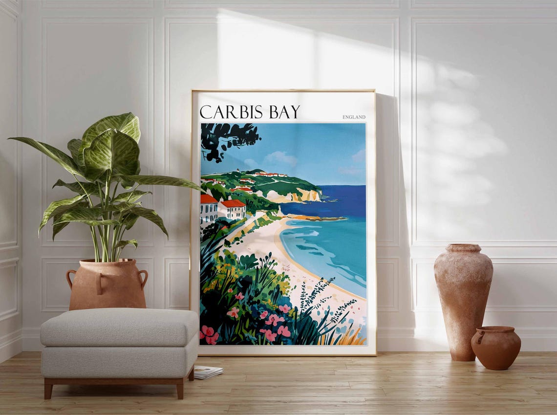 Carbis Bay England Red Roof Cottages Trees Bay View Travel Poster - Image 3