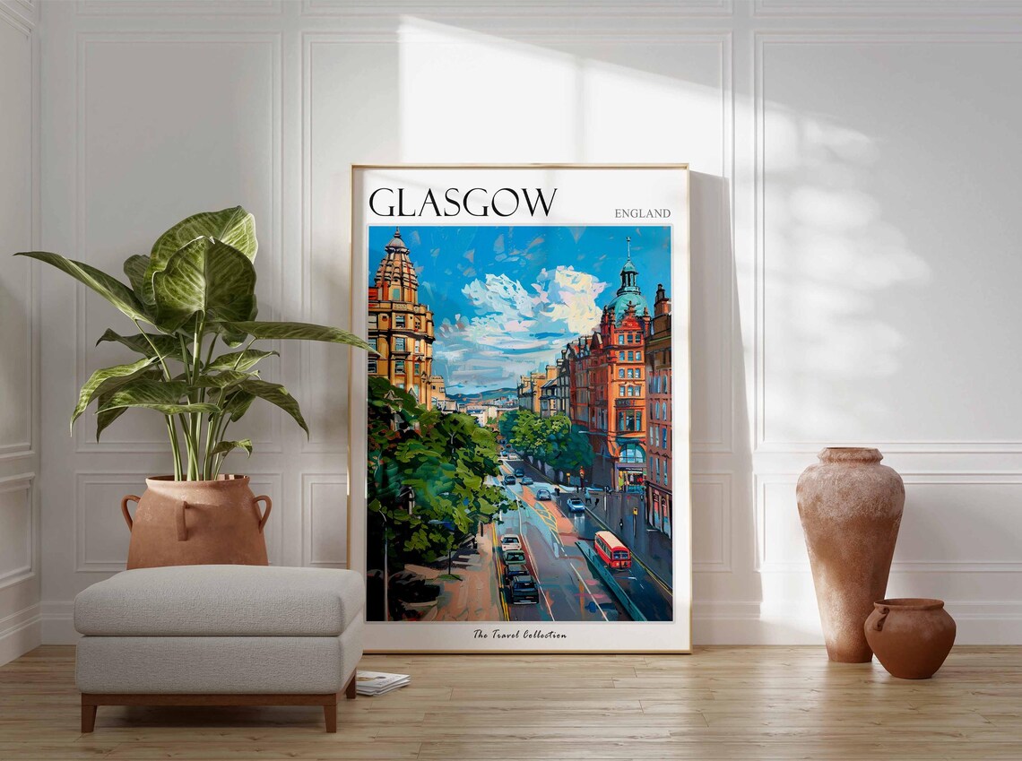 Glasgow England Grand Sandstone Boulevard Busy Street Poster - Image 2