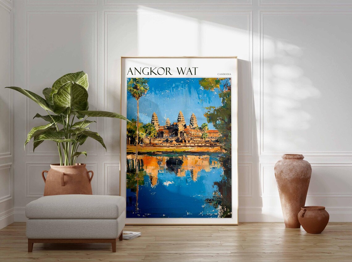 Angkor Wat Cambodia Ancient Temple Palm Painting Travel Poster - Image 2