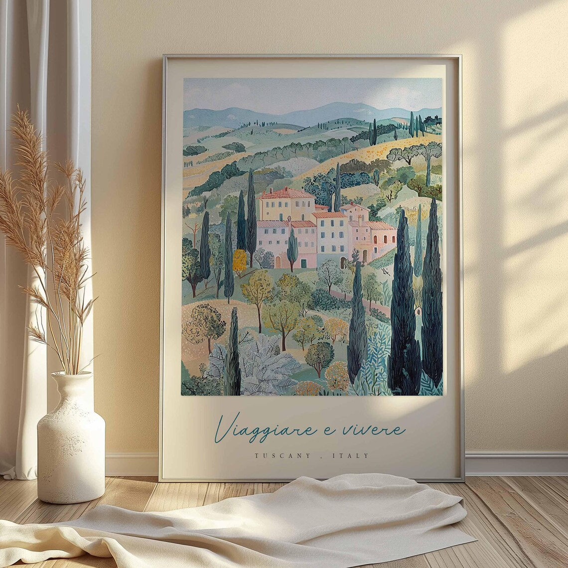 Tuscany Watercolor Hill Town Viaggiare E Vivere Cypress Italy Poster - Image 2
