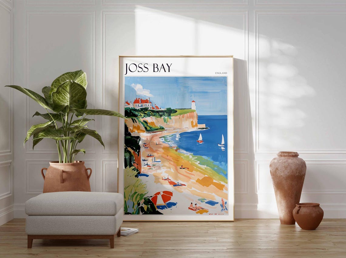 Joss Bay England White Cliffs Lighthouse Beach Umbrellas Poster - Image 3