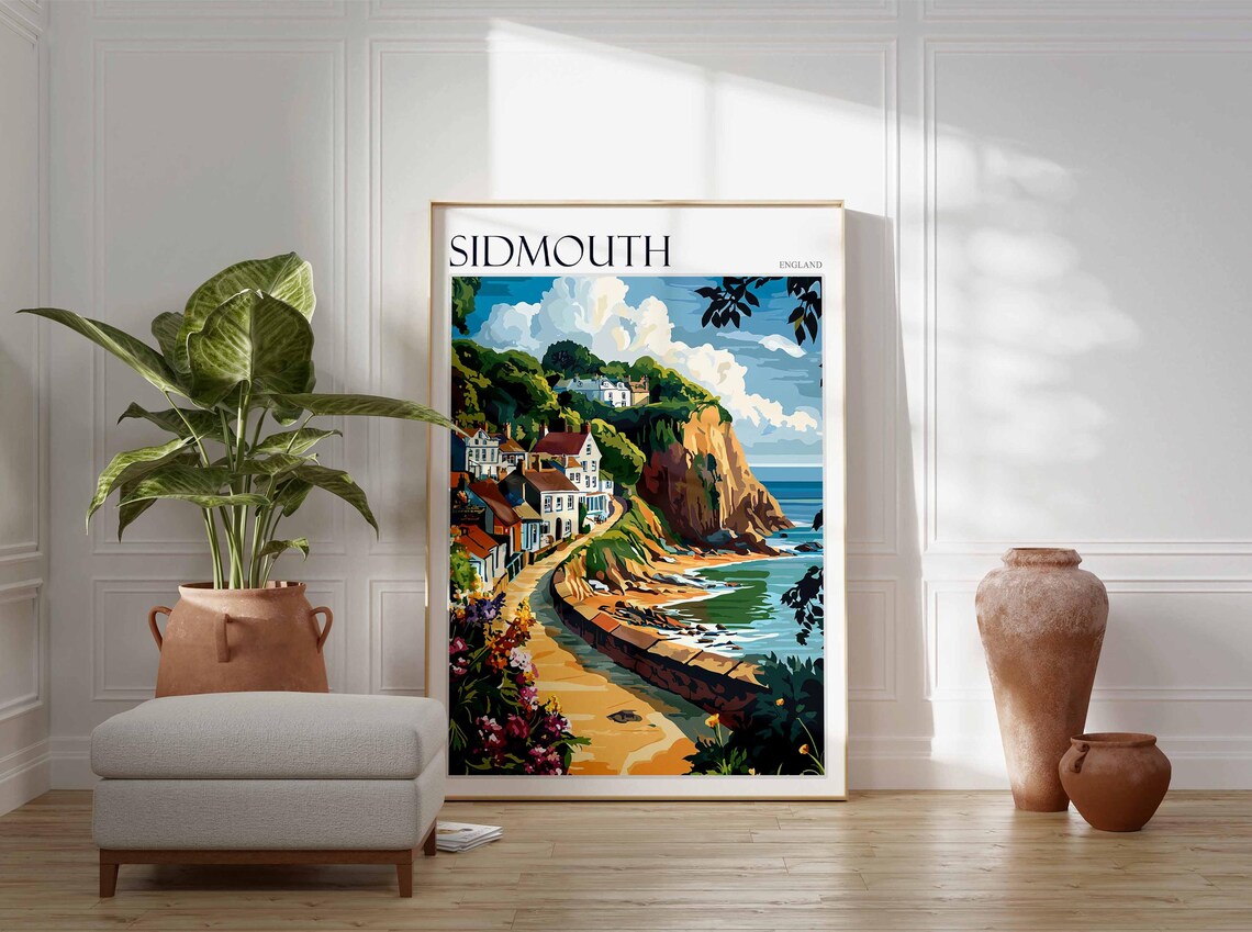 Sidmouth Coastal Village Lane Floral Travel Poster England Art - Image 2