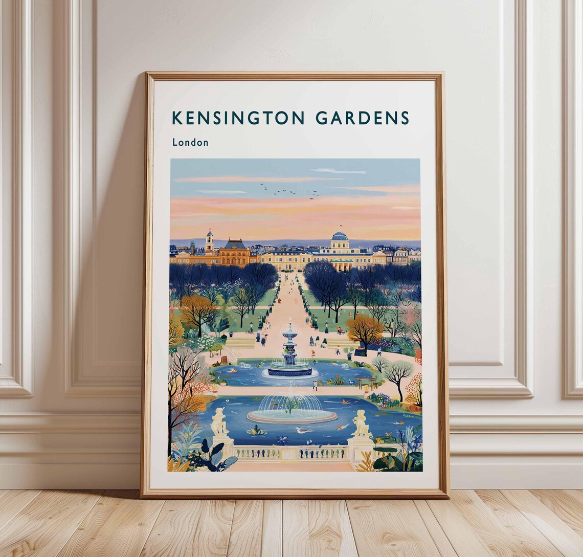 Kensington Gardens London Sunset Over Fountains Travel Poster