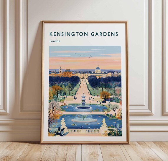 Kensington Gardens London Sunset Over Fountains Travel Poster