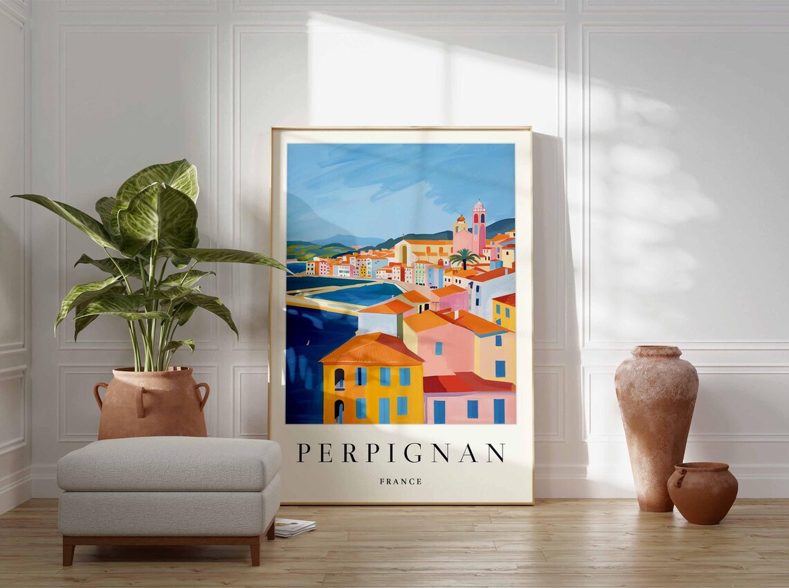 Perpignan France Waterfront Town Church Towers Deep Blue Bay Poster - Image 4