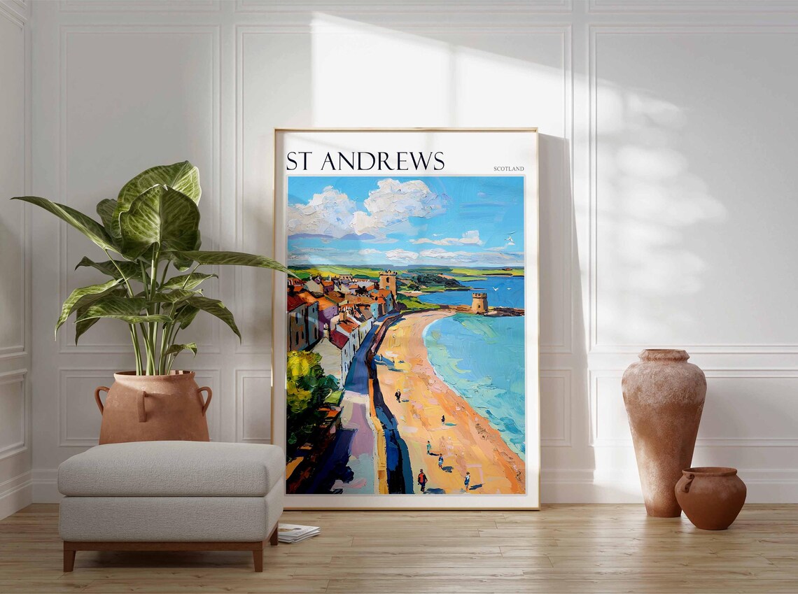 St Andrews Scotland Beach Town Coastal Colorful Painting Poster - Image 2